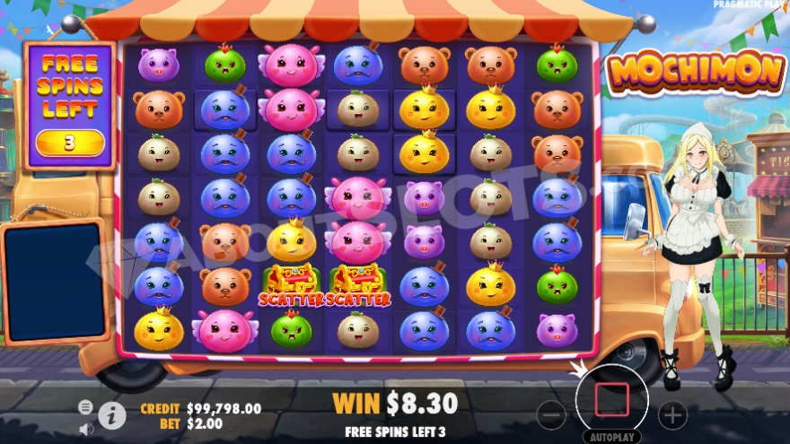 Écran de free spins de Mochimon avec cases à multiplicateur actives sur la grille 7x7