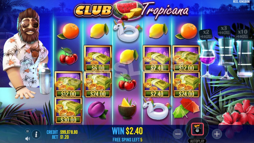 Écran de free spins de Club Tropicana avec verres multiplicateurs x2, x3 et x10 pendant la collecte du Wild barman