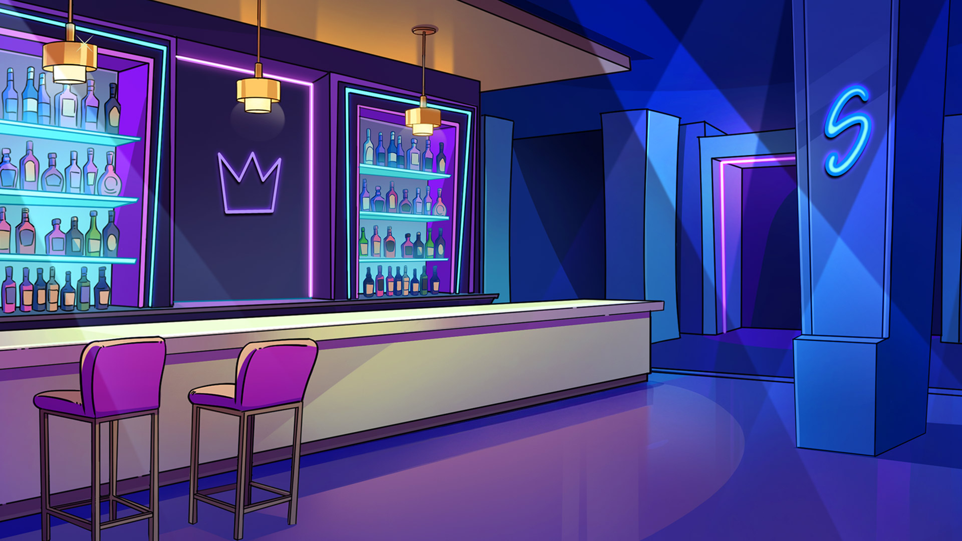 Décor de boîte de nuit signé Le Clubber avec platine DJ, néons violets et confettis dorés en arrière-plan