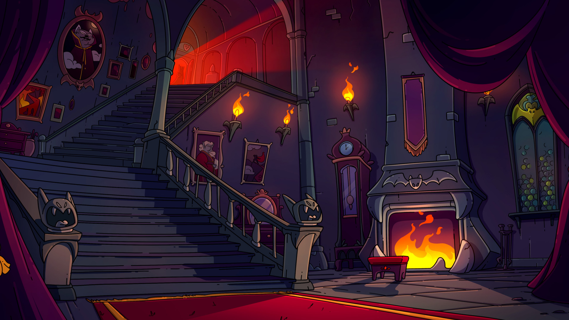 Ambiance nocturne gothique de Le Vampire avec le manoir du Comte Smokey éclairé par la pleine lune