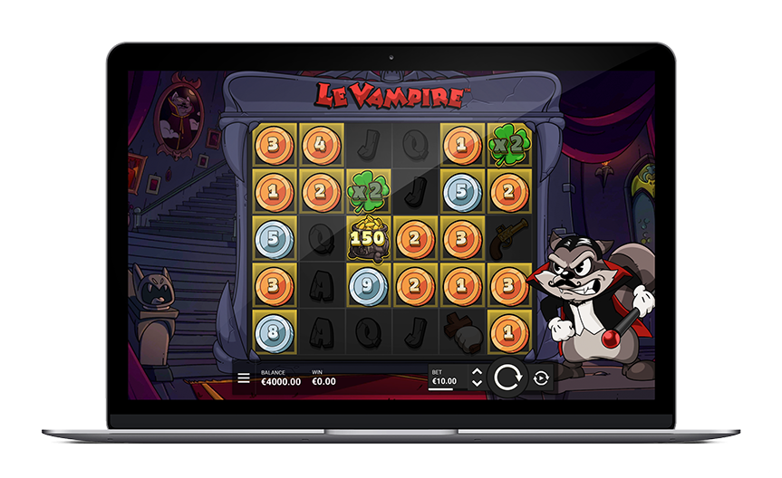 Grille 6x5 de Le Vampire affichée sur plusieurs écrans pendant une cascade de symboles Epic