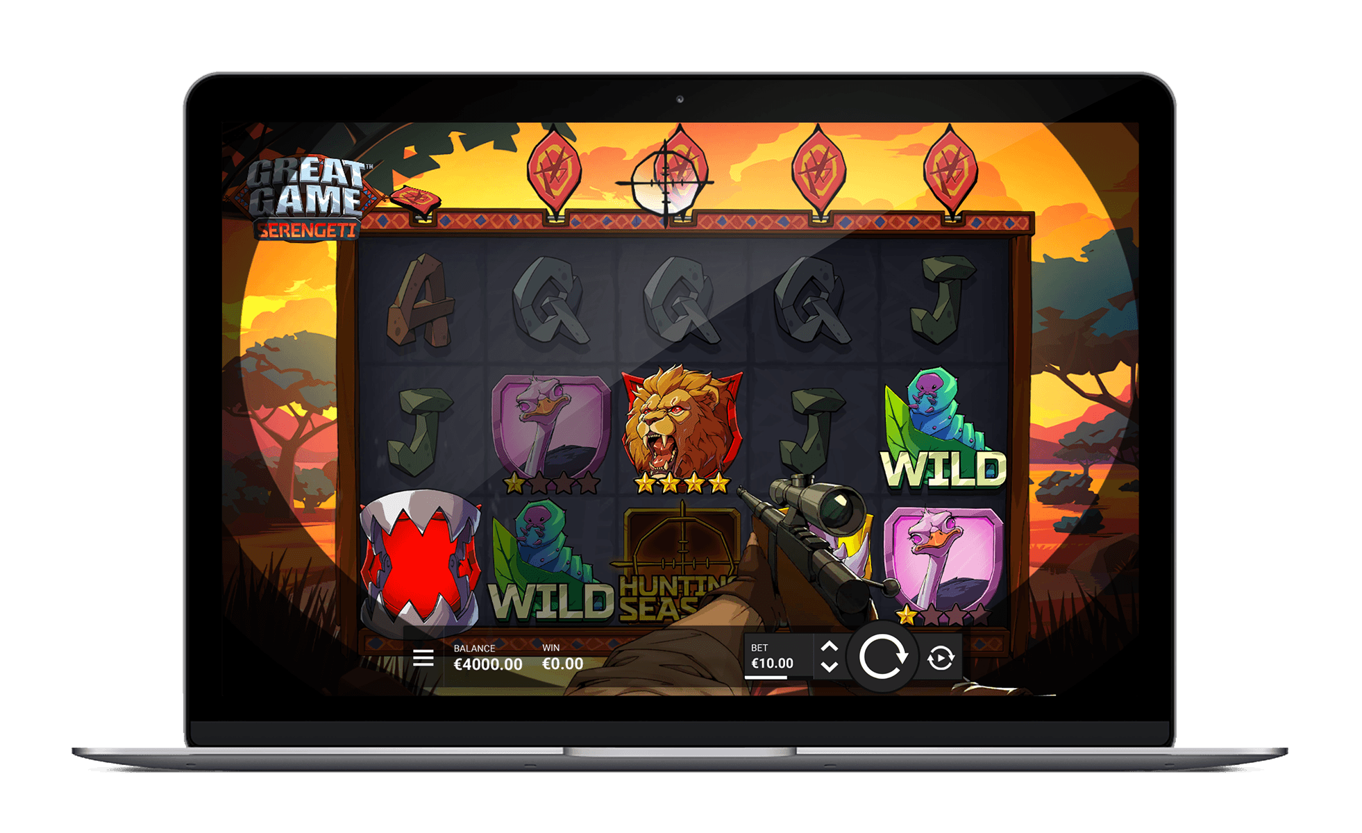 Grille 5x3 de Great Game Serengeti avec les symboles animaliers sur les 9 lignes fixes