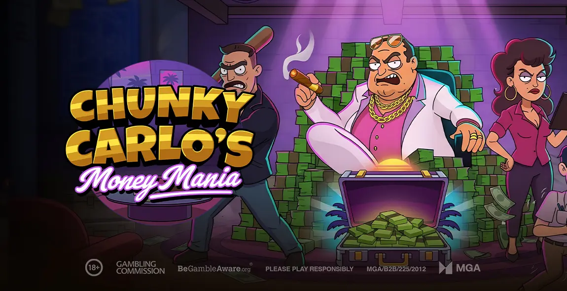 Chunky Carlo's Money Mania, machine à sous Play'n GO à thème mafieux avec grille 5x5 et symboles de gangsters