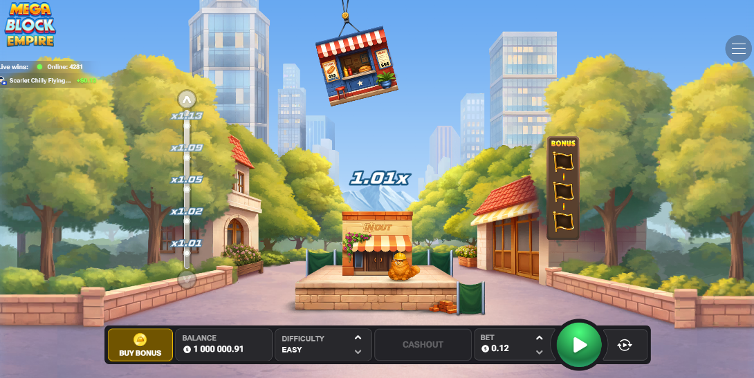 Écran de jeu MegaBlock Empire montrant le chantier, la grue et les commandes de mise avant le lancement