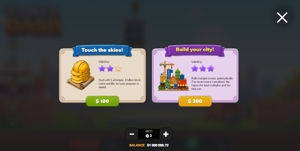Écran d'achat de bonus de Tower Dash avec les options Touch the Skies et Build Your City affichées côte à côte