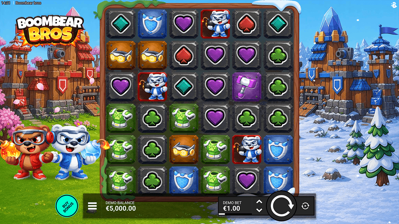 Grille 6x6 de Boombear Bros en jeu de base avec les bombes prêtes à exploser sur des cases adjacentes