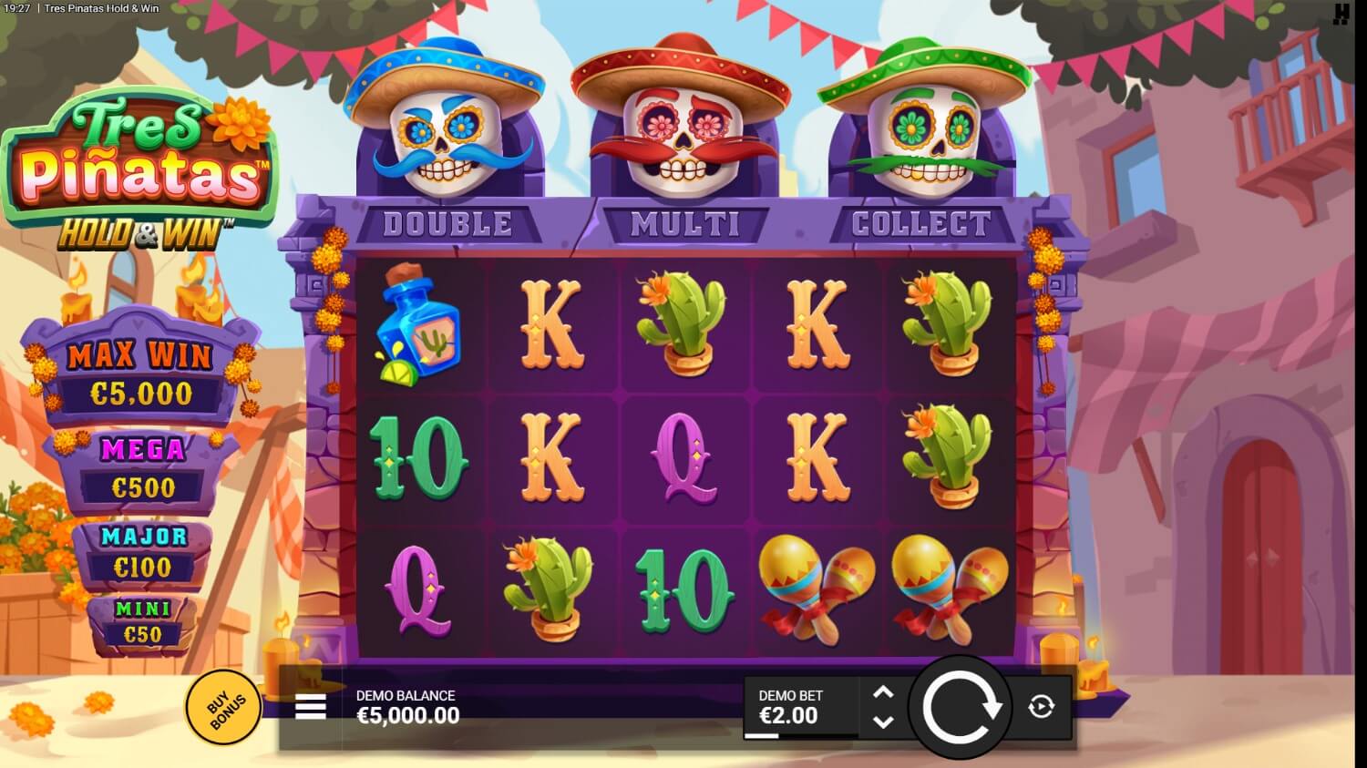 Écran du bonus Hold & Win de Tres Pinatas Hold & Win avec les vies rechargeables et les pièces collées