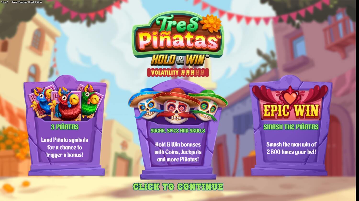 Menu Feature Buy de Tres Pinatas Hold & Win avec les options Bonushunt Featurespins et Piñata Party