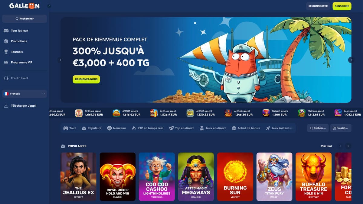 Interface du lobby de Galleon Casino avec le catalogue de machines a sous et jackpots
