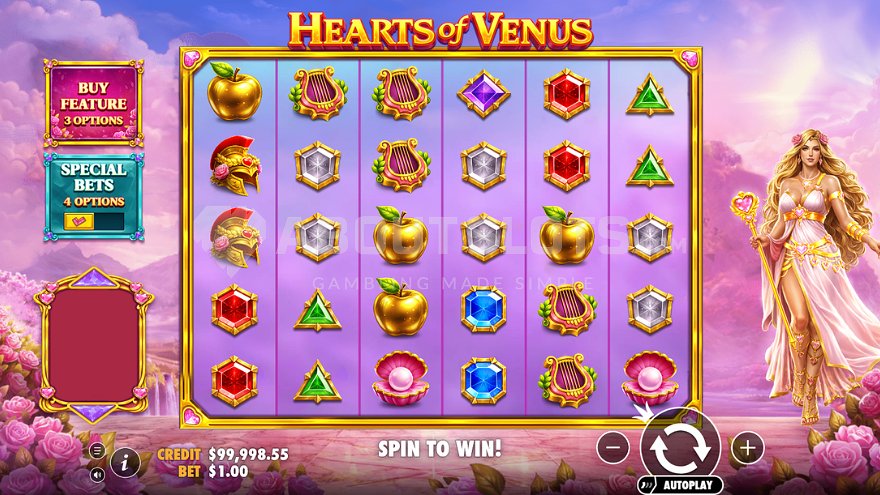 Grille 6x5 de Hearts of Venus en jeu de base avec symboles cœurs et bijoux visibles