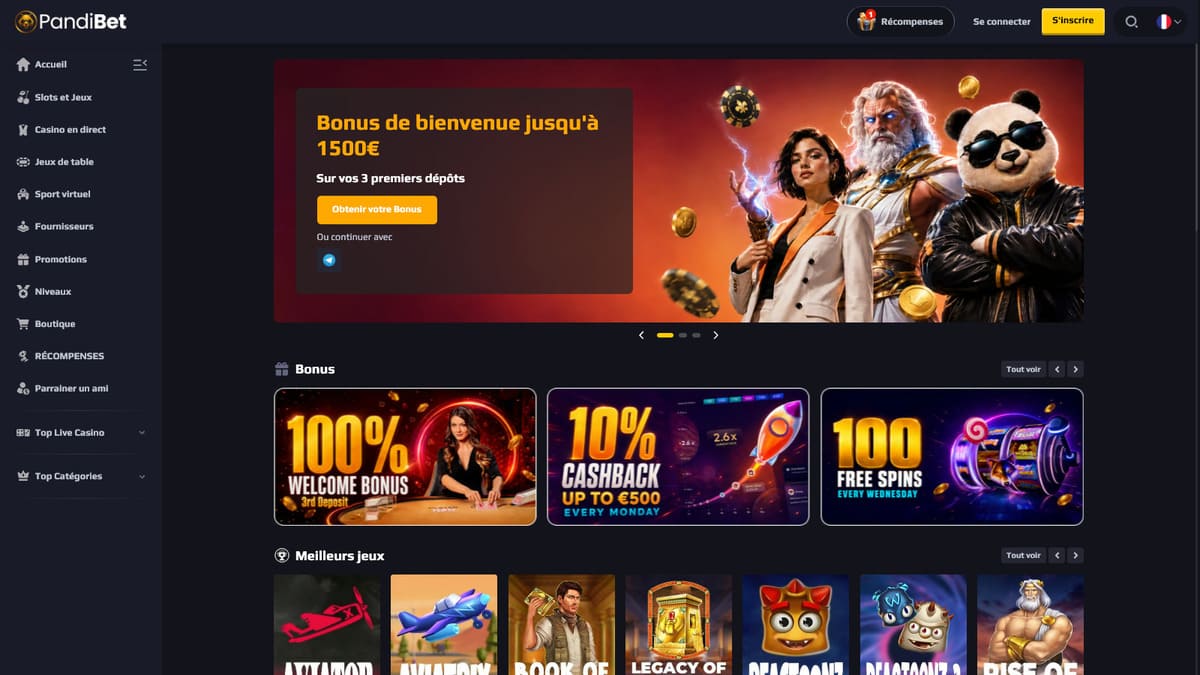 Interface du lobby de PandiBet avec sélection de machines à sous et jeux live visible