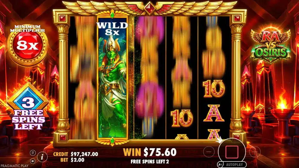 Écran de free spins de Ra vs Osiris pendant le déplacement d'un walking wild multiplicateur