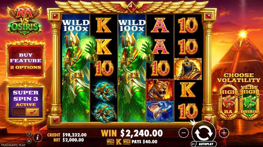 Wild étendu de Ra vs Osiris avec multiplicateur affiché sur toute la colonne du rouleau 3