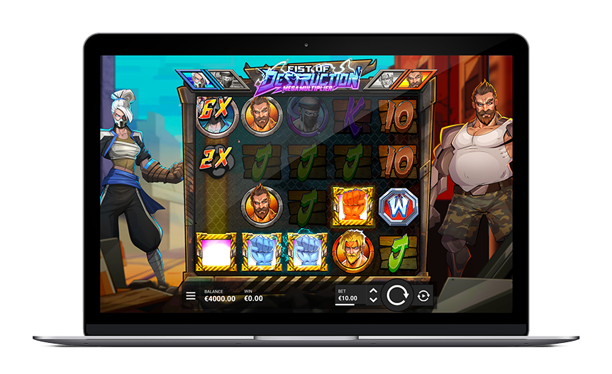 Écran du jeu Fist of Destruction Megamultiplier affichant la grille et les symboles Fist prêts à cogner