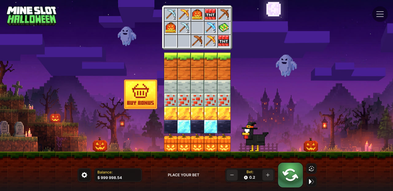 Grille de minage 5x7 de Mine Slot Halloween avec citrouilles, fantômes et bouton Buy Bonus visible