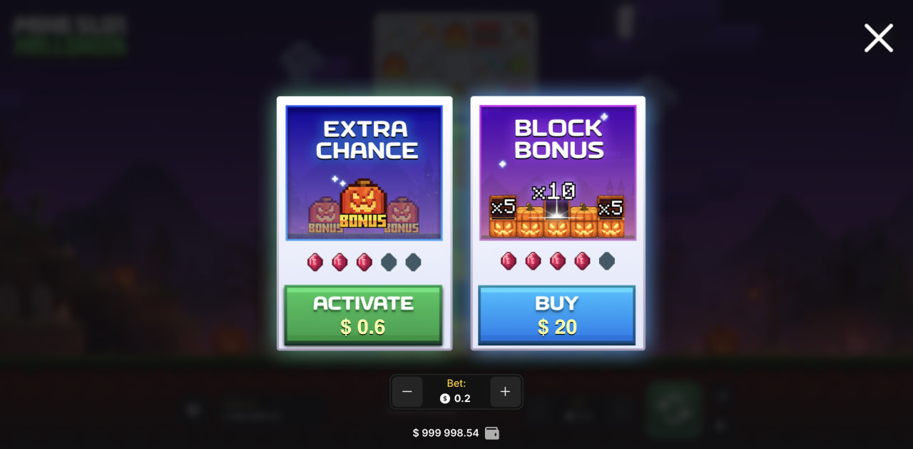 Écran de sélection Extra Chance et Block Bonus sur Mine Slot Halloween avec multiplicateurs x5 et x10