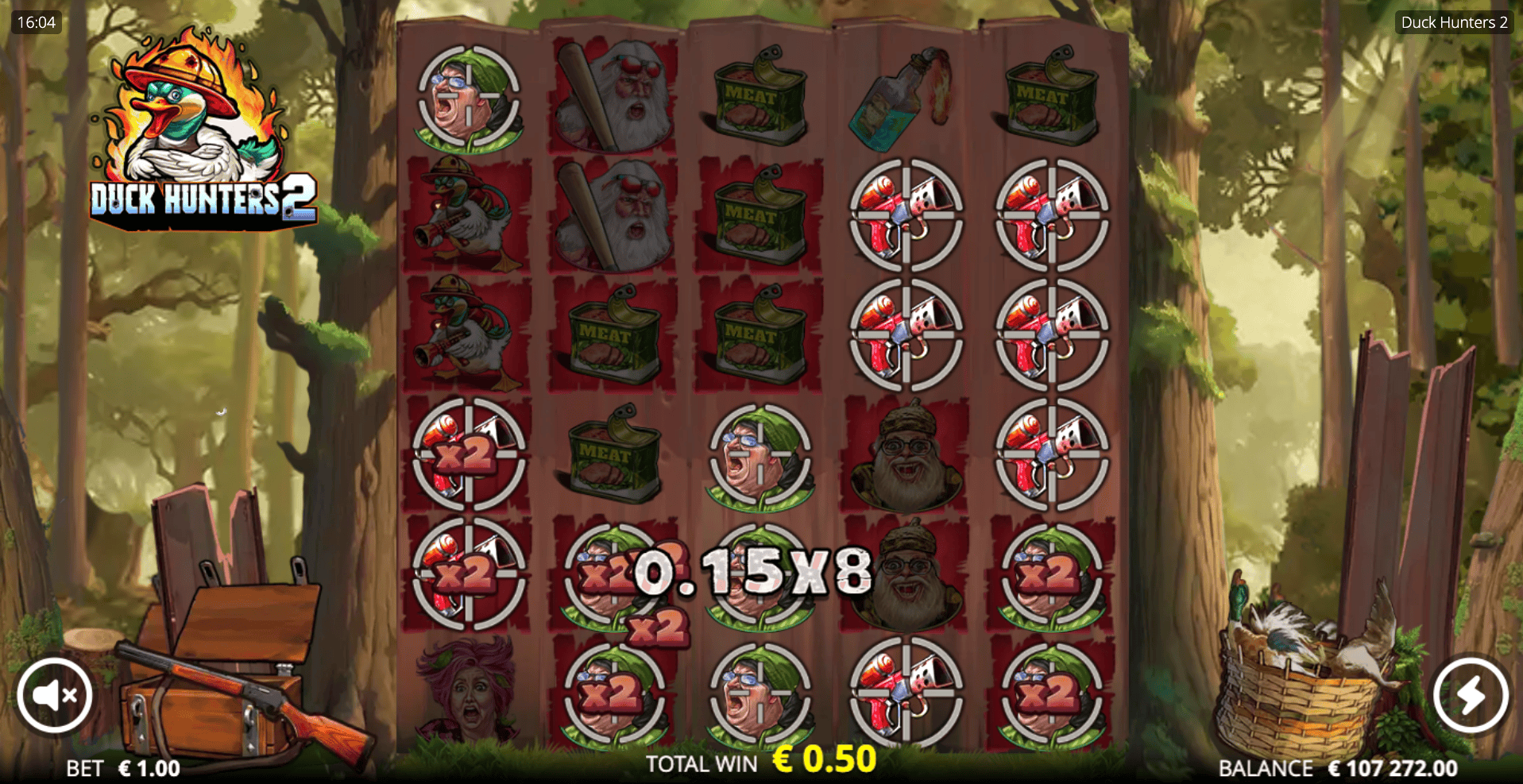 Grille 5x6 de Duck Hunters 2 lors d'un gain en jeu de base avec les symboles canards et chasseurs alignés