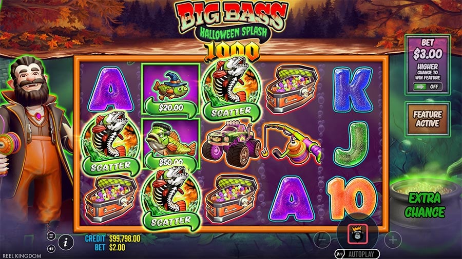 Écran free spins de Big Bass Halloween Splash 1000 avec le pêcheur vampire Wild sur la grille