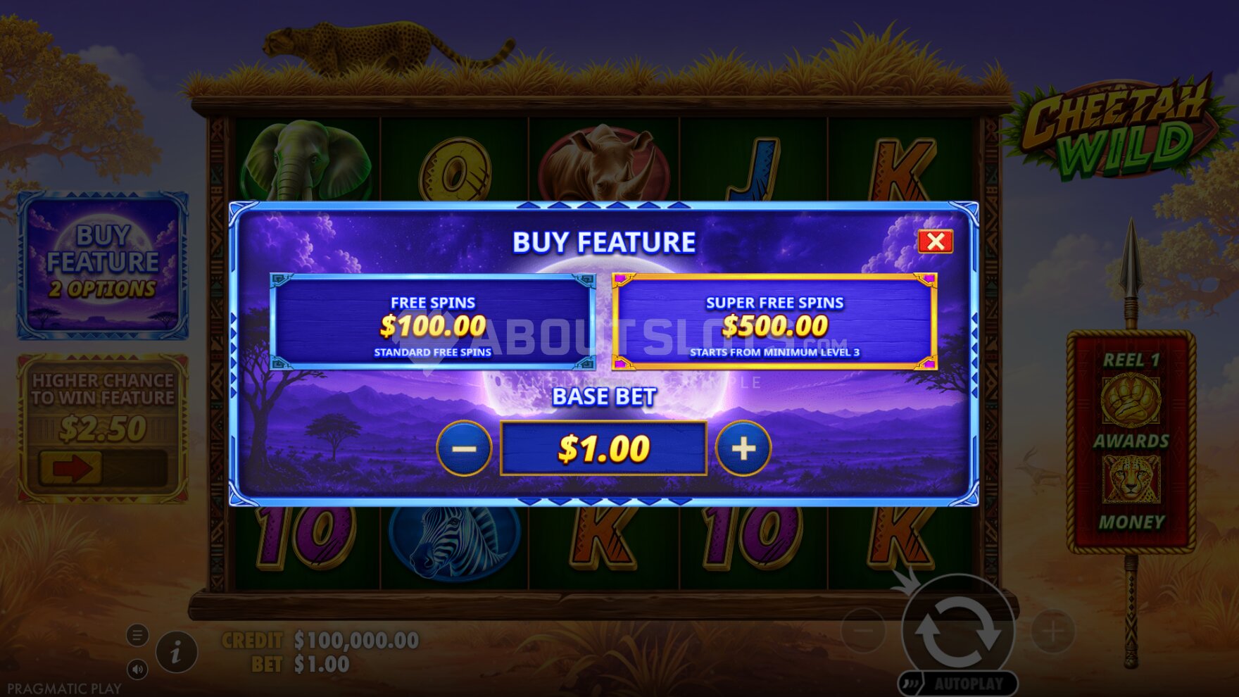 Menu Buy Feature de Cheetah Wild affichant les options Free Spins à 100x et Super Free Spins à 500x
