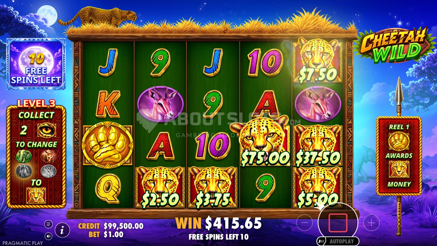 Écran de Free Spins de Cheetah Wild pendant le système Level Up avec symboles Money sur la grille