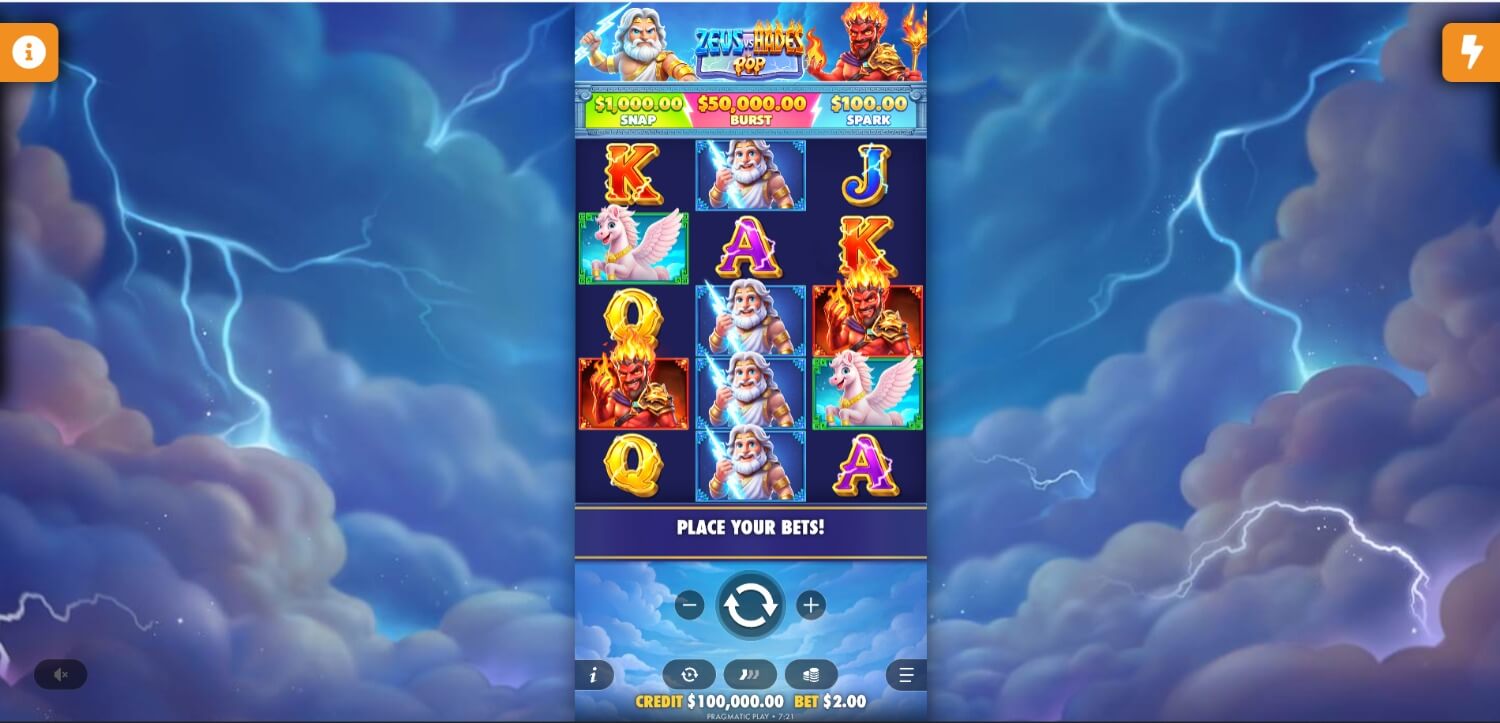Grille 3x5 de Zeus vs Hades POP avec le style cartoon coloré du duel entre Zeus et Hadès