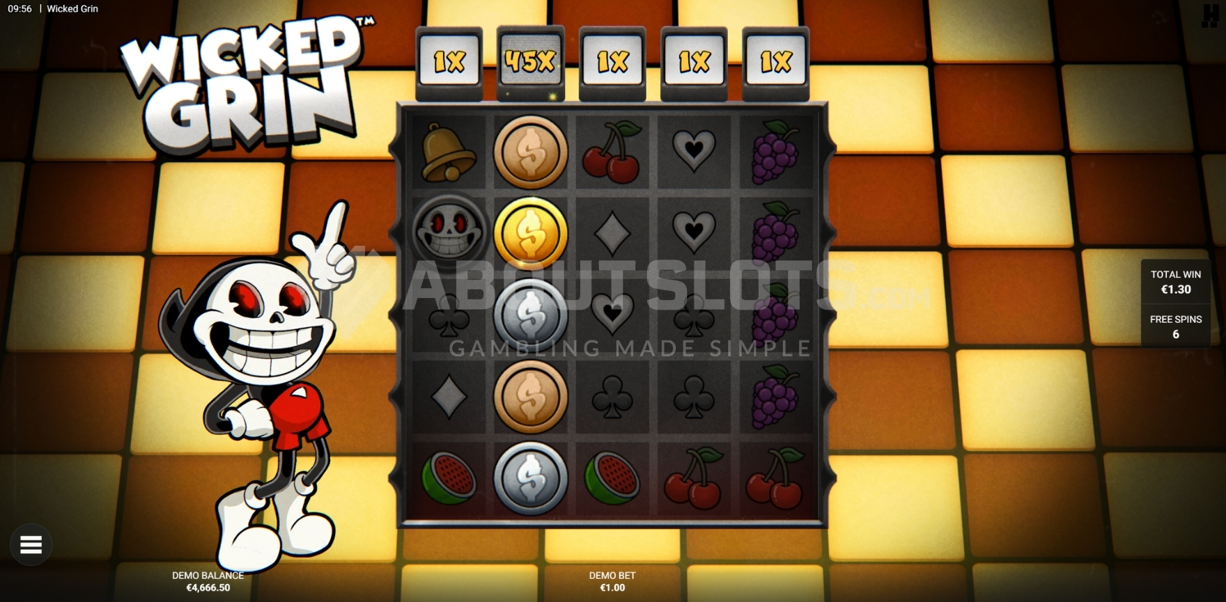 Écran du bonus Stash N Stack de Wicked Grin avec multiplicateurs au dessus de chaque rouleau