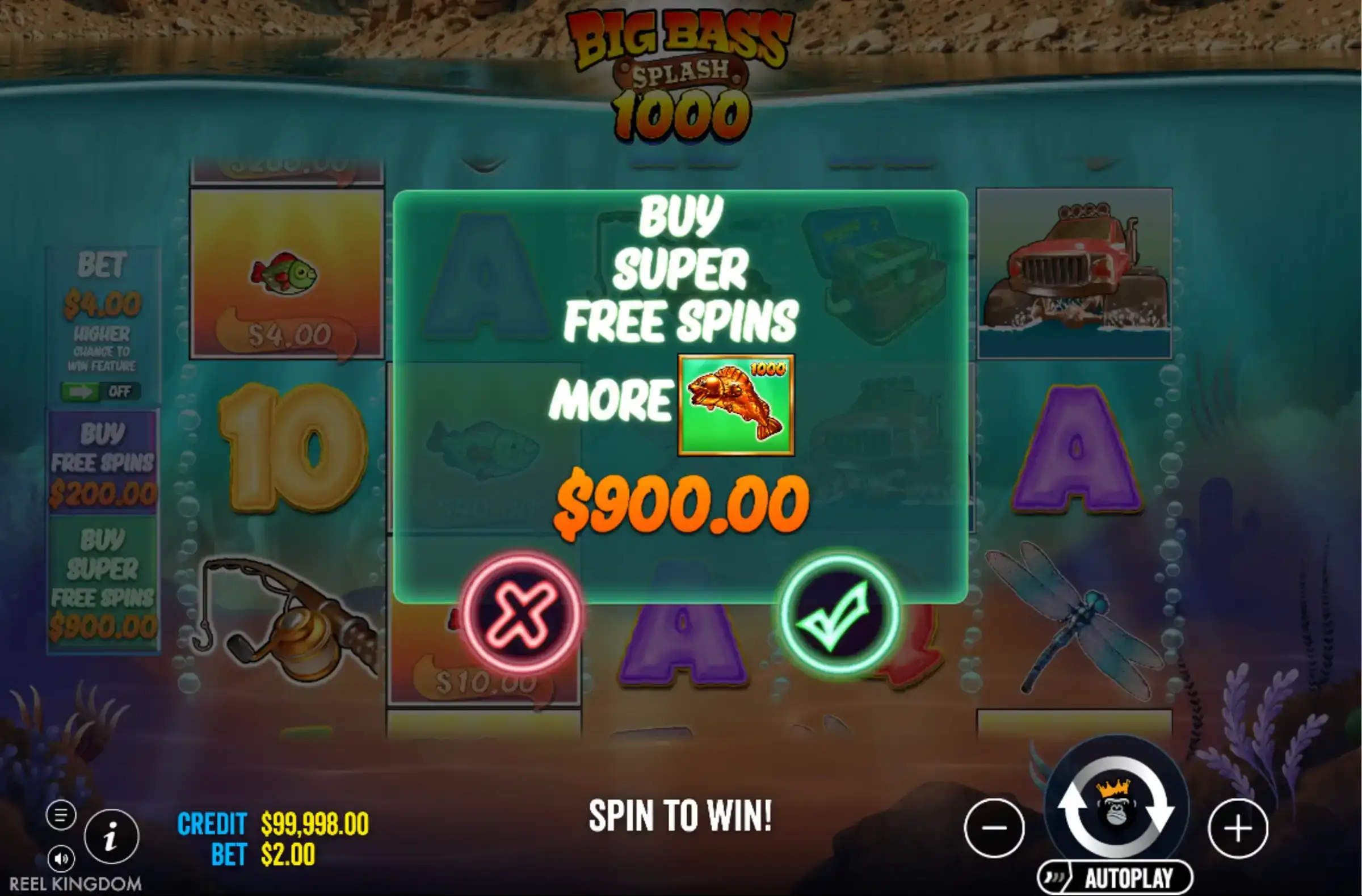 Menu Feature Buy de Big Bass Splash 1000 avec les options Free Spins et Super Free Spins