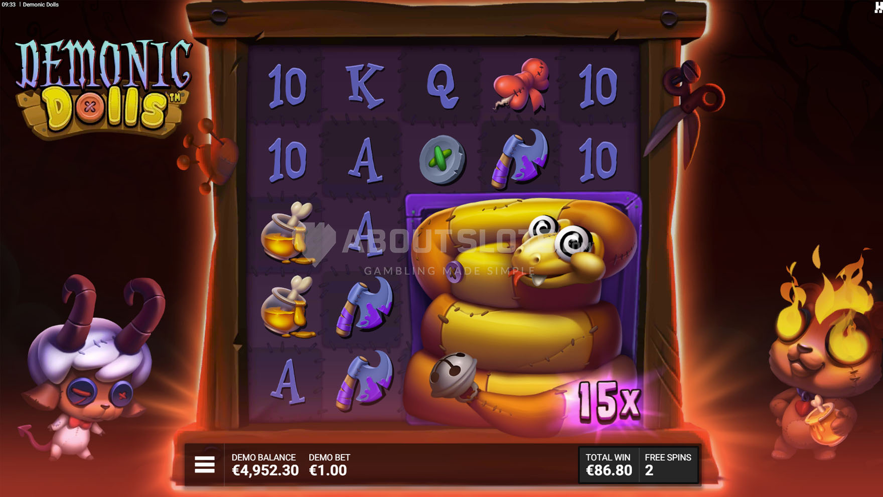 Écran des free spins Playtime Is Over sur Demonic Dolls avec compteur de tours restants affiché