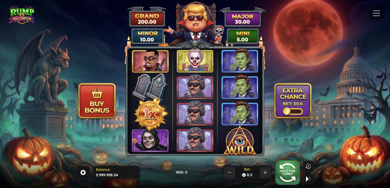 Grille 4x3 de Rump And Halloween avec le wild illuminati et les quatre jackpots fixes
