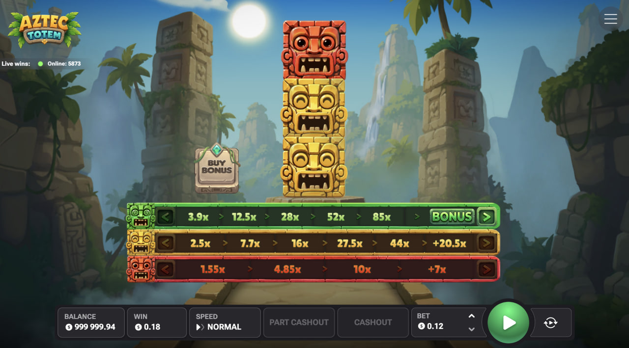 Interface de jeu d'Aztec Totem avec la pile de totems et les trois échelles de multiplicateurs