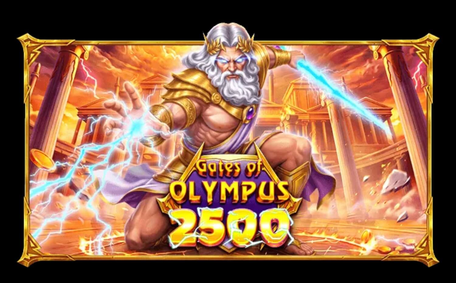 Grille 6x5 de Gates of Olympus 2500 avec Zeus au centre et plusieurs sphères multiplicatrices actives